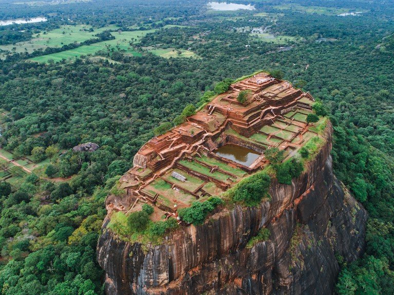 Sigiriya Lion's Rock of Fortress in the middle of the forest in Sri Lanka island
